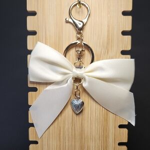 Cream Satin Bow Bag Charm/Keychain with Silver Tone Heart Charm